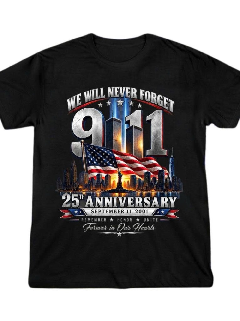 We Will Never Forget 9/11 25th Anniversary Black Graphic Tee